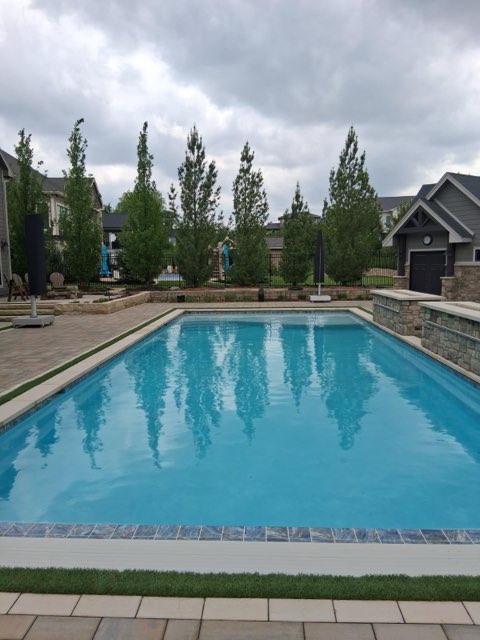 Backyard pool with raised stone wall, paver deck and landscaped surround